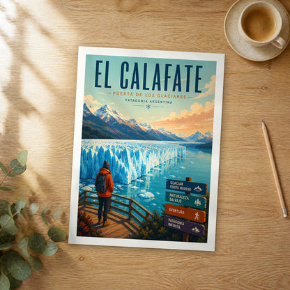 Unframed El Calafate retro travel poster on a wooden table