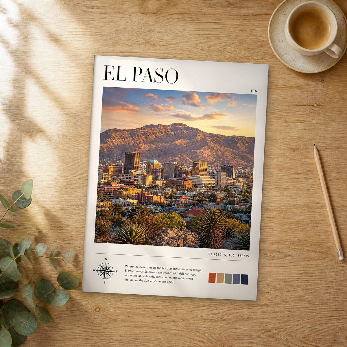 Unframed El Paso modern photography travel poster on a wooden table