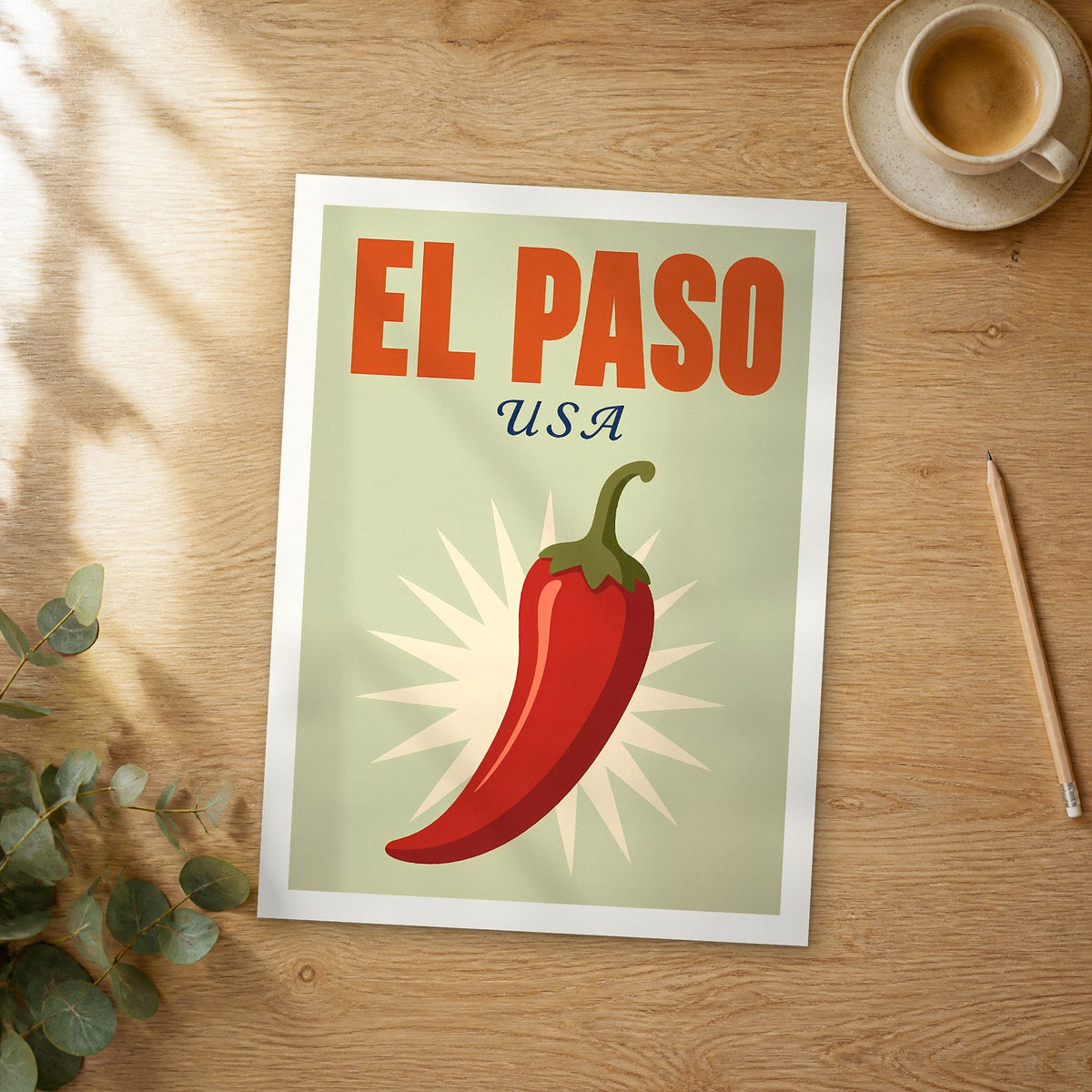 Unframed El Paso pop art travel poster on a wooden table