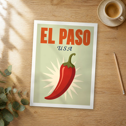 Unframed El Paso pop art travel poster on a wooden table