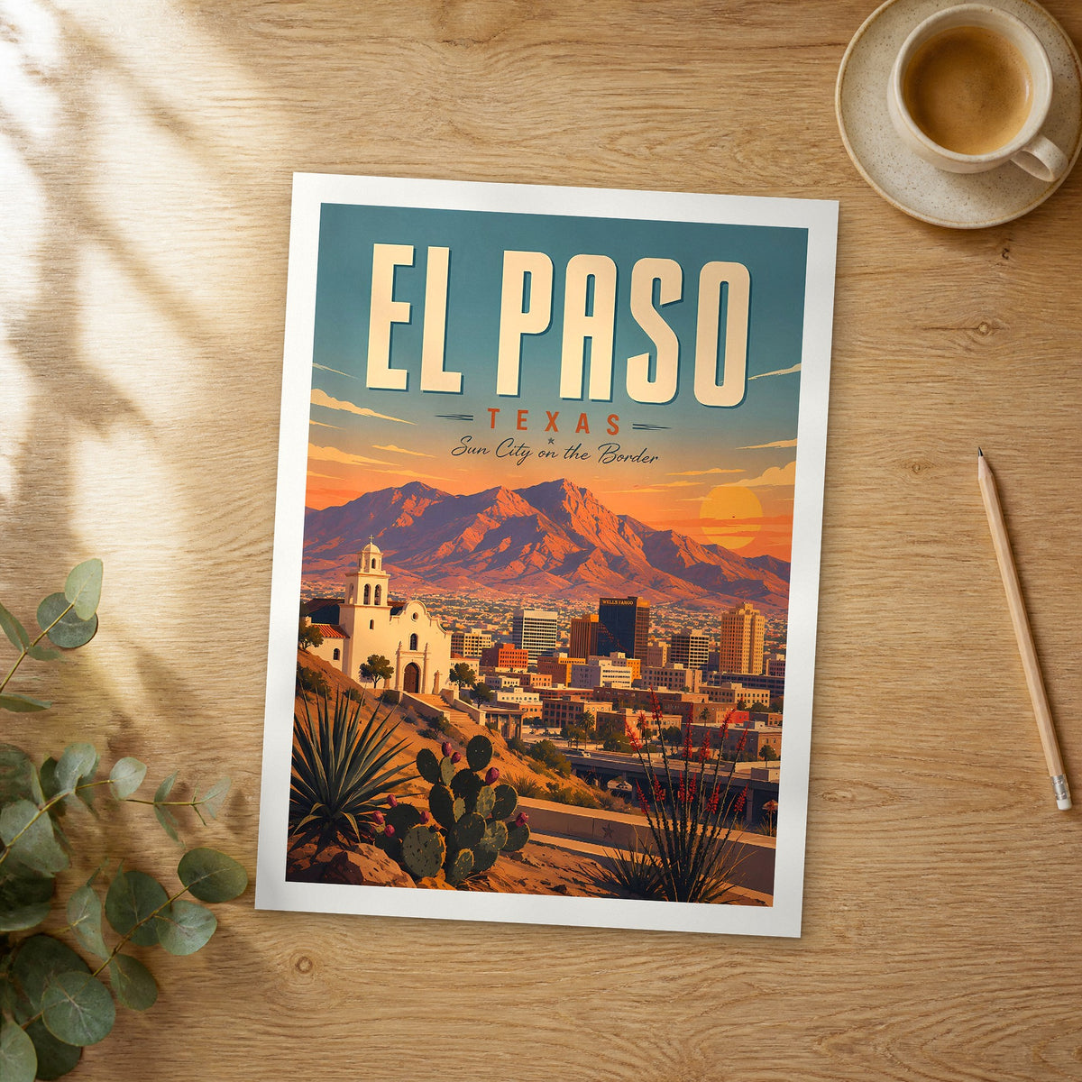 Unframed El Paso retro travel poster on a wooden table