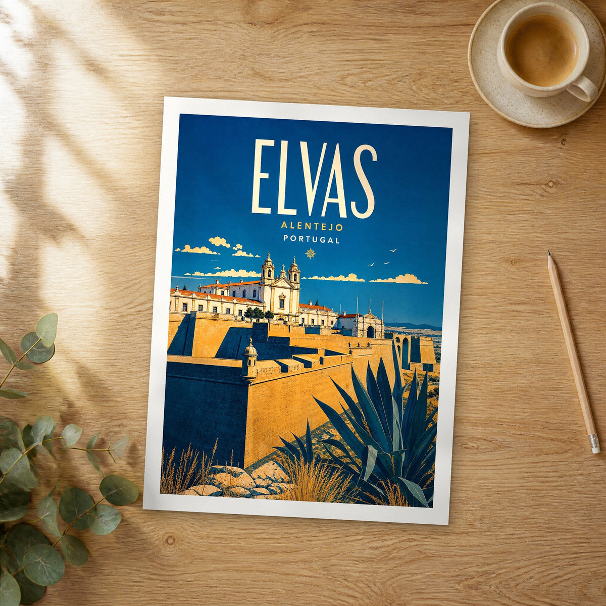 Unframed Elvas retro travel poster on a wooden table