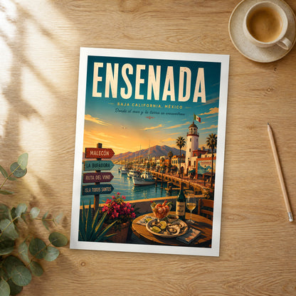 Unframed Ensenada retro travel poster on a wooden table