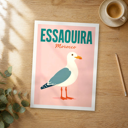 Unframed Essaouira pop art travel poster on a wooden table
