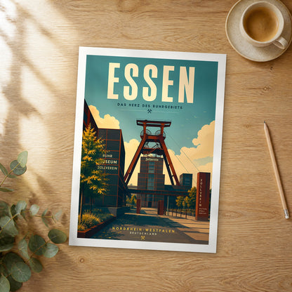 Unframed Essen retro travel poster on a wooden table