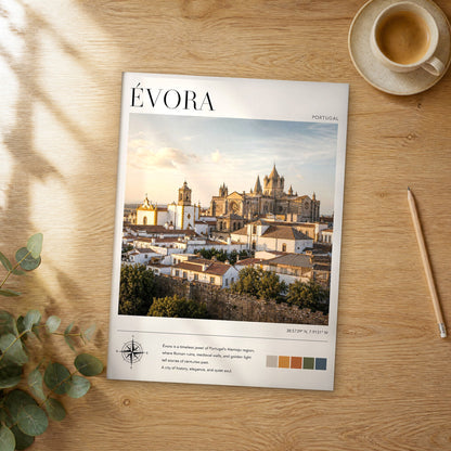 Unframed Évora modern photography travel poster on a wooden table