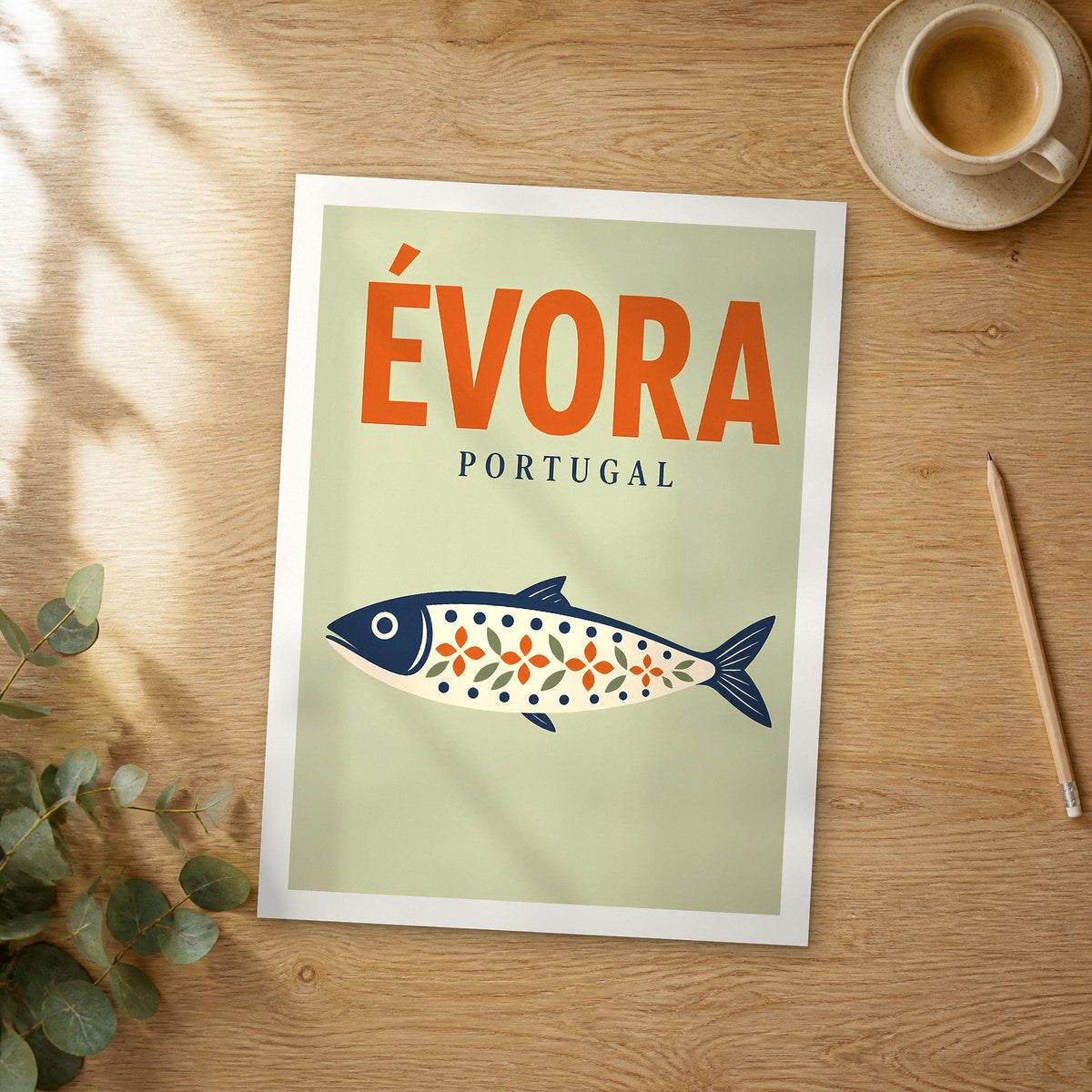 Unframed Évora pop art travel poster on a wooden table