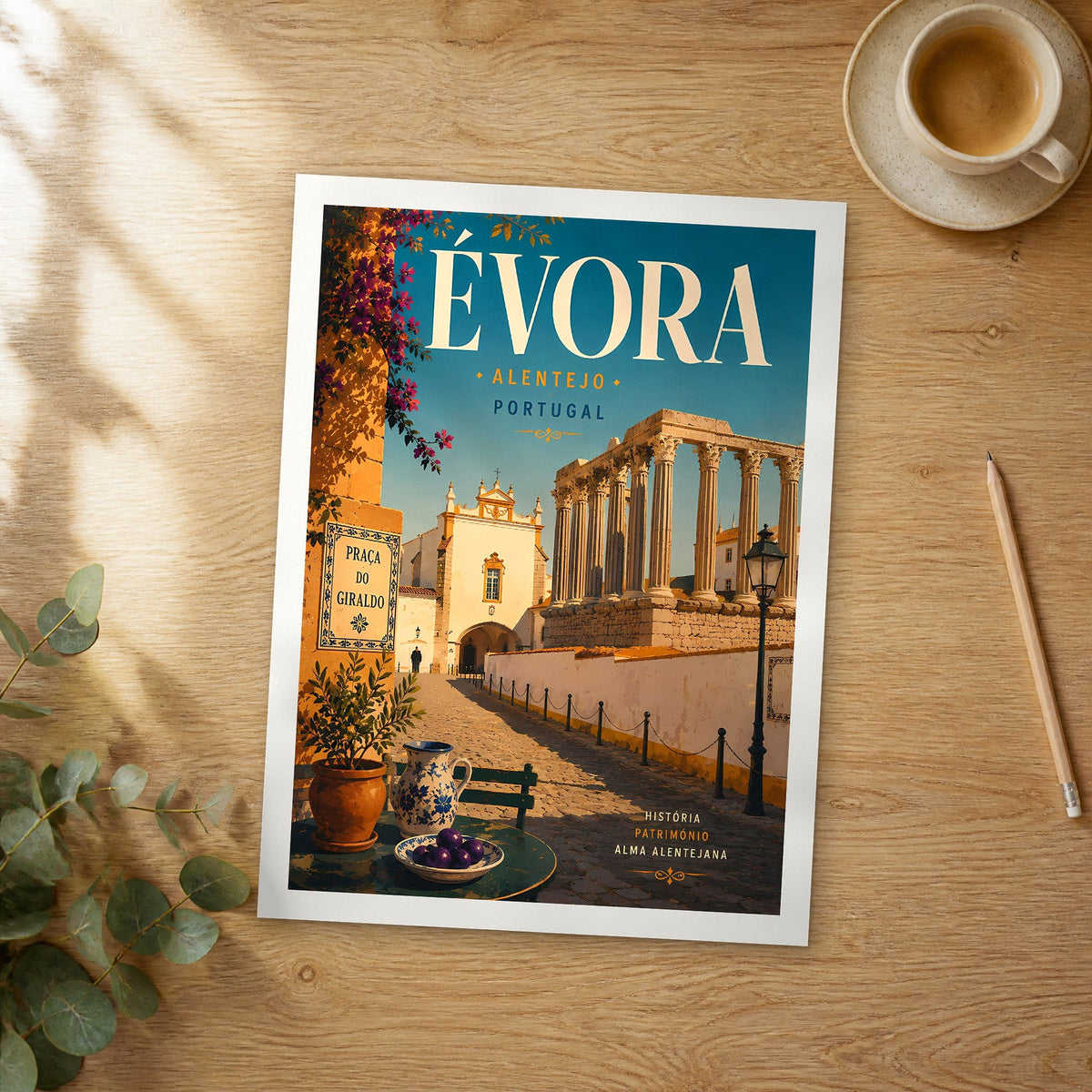 Unframed Évora retro travel poster on a wooden table
