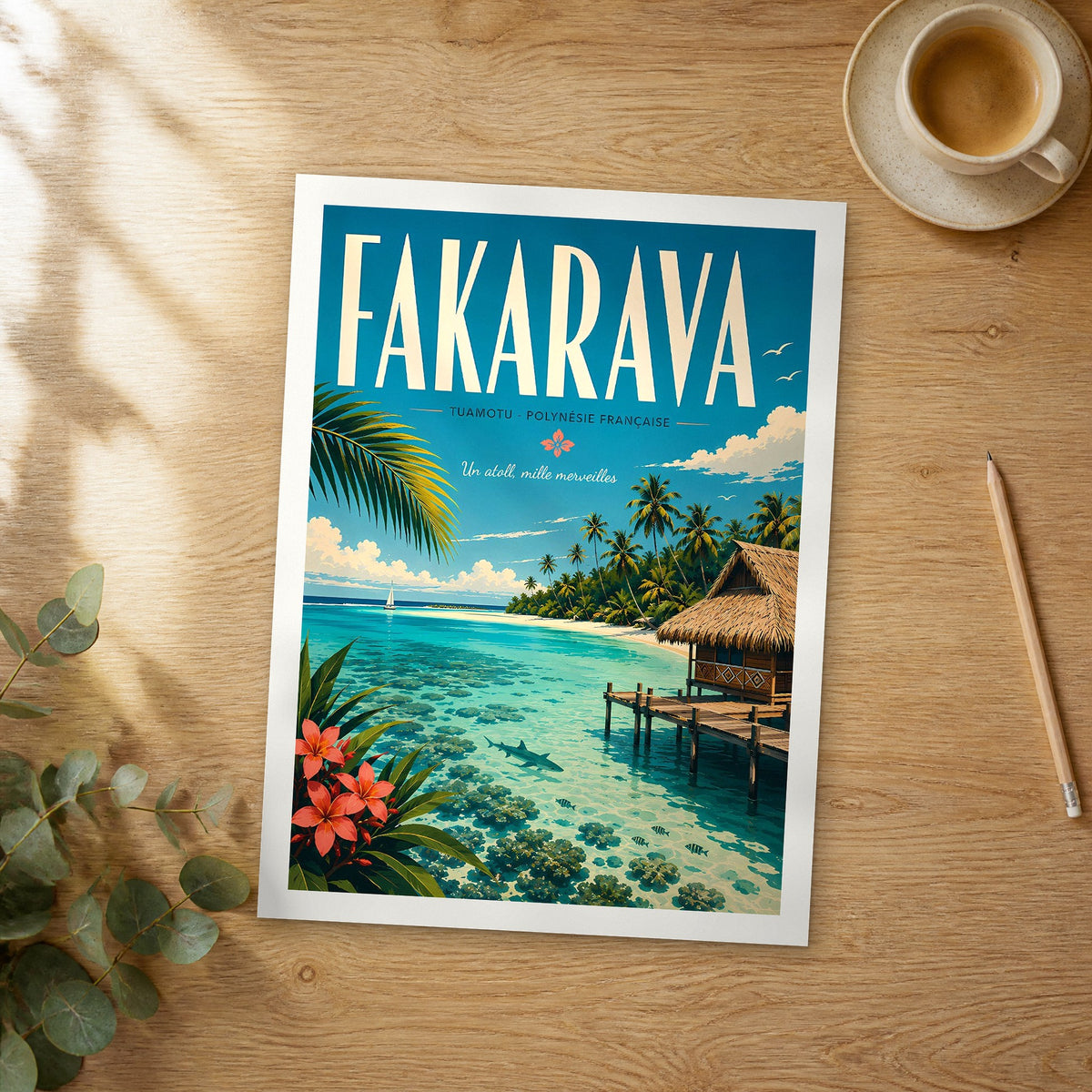 Unframed Fakarava retro travel poster on a wooden table