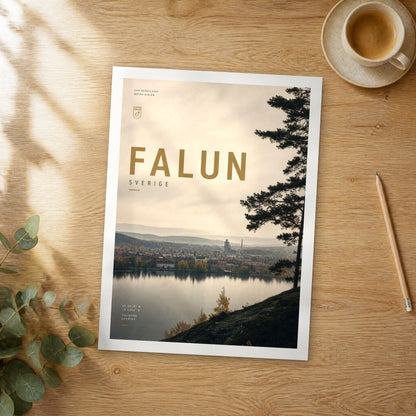 Unframed Falun bold typography travel poster on a wooden table