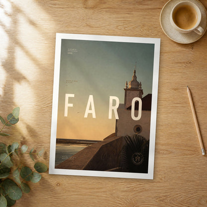Unframed Faro bold typography travel poster on a wooden table