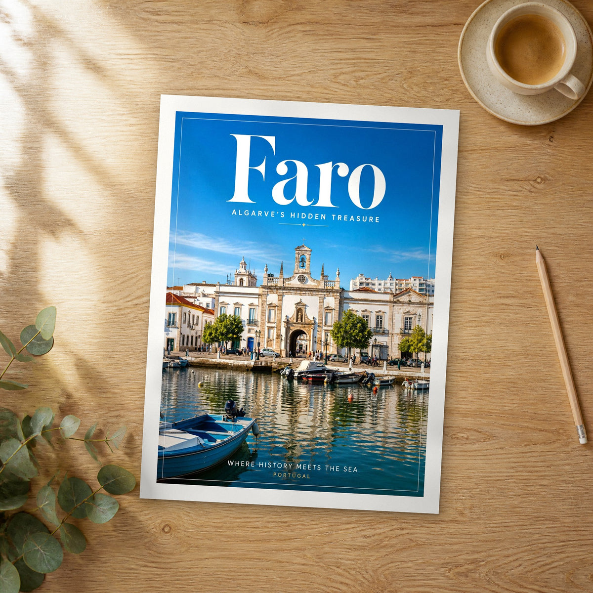 Unframed Faro editorial travel poster on a wooden table