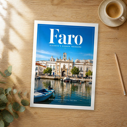 Unframed Faro editorial travel poster on a wooden table