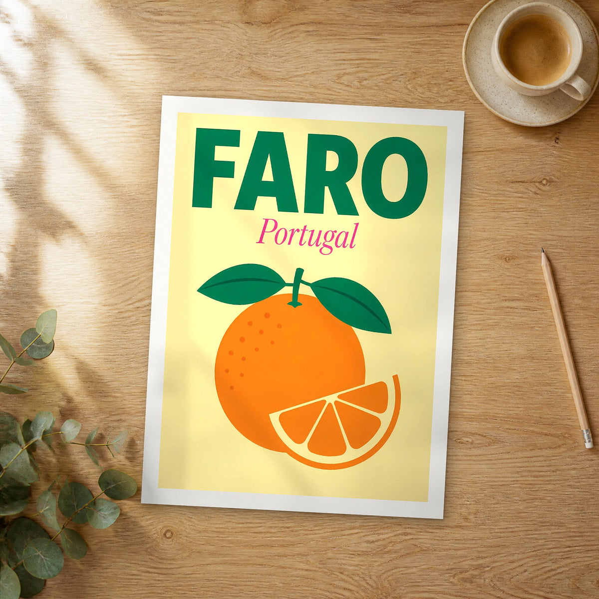 Unframed Faro pop art travel poster on a wooden table