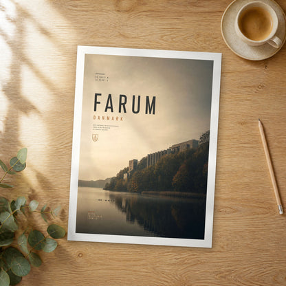 Unframed Farum bold typography travel poster on a wooden table