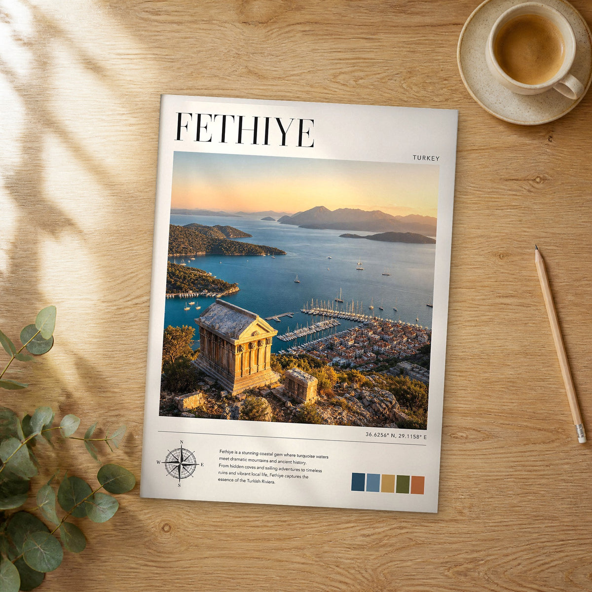 Unframed Fethiye modern photography travel poster on a wooden table