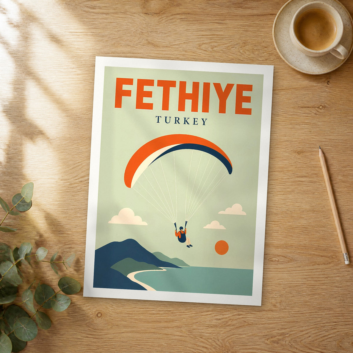 Unframed Fethiye pop art travel poster on a wooden table