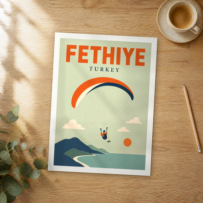 Unframed Fethiye pop art travel poster on a wooden table