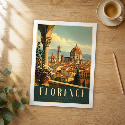 Unframed Florence Duomo from Loggia retro travel poster on a wooden table