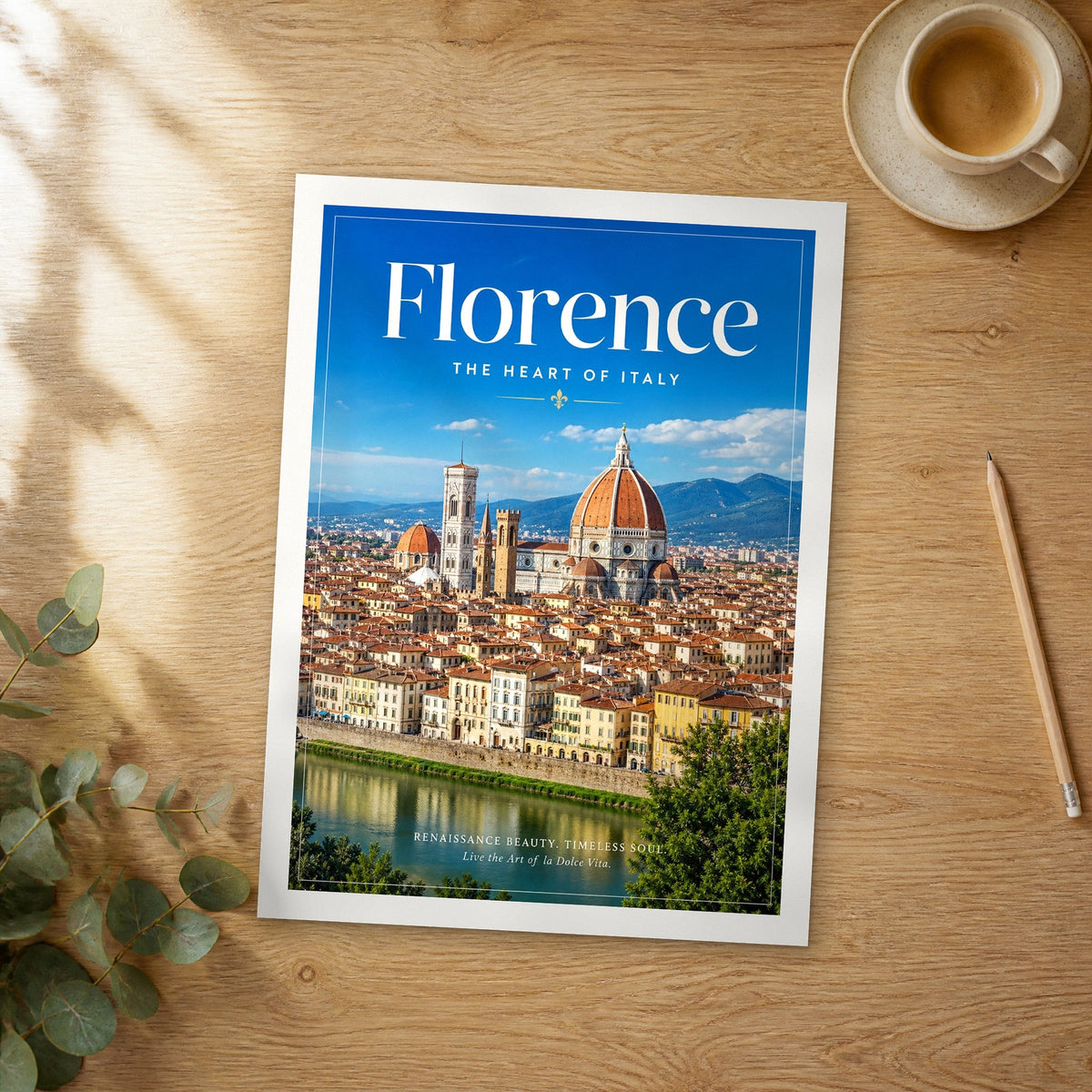 Unframed Florence Duomo Over Arno editorial travel poster on a wooden table