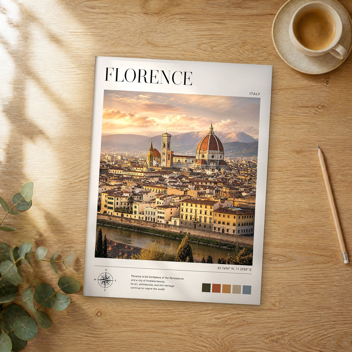 Unframed Florence modern photography travel poster on a wooden table