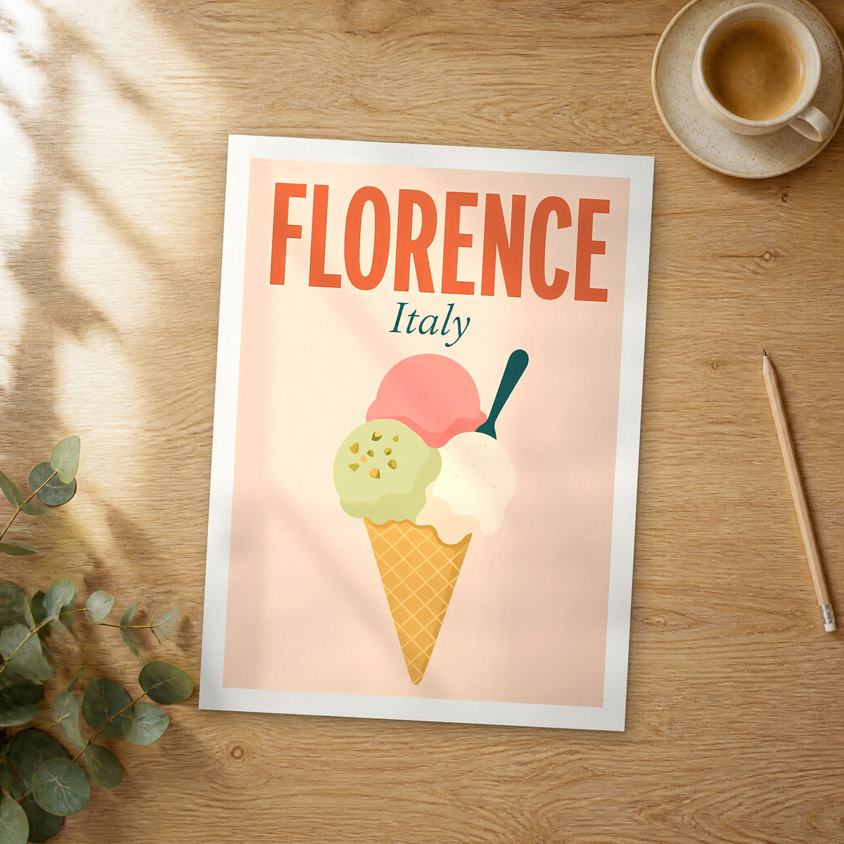 Unframed Florence pop art travel poster on a wooden table