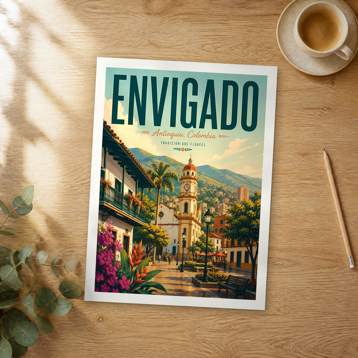 Unframed Florencia retro travel poster on a wooden table