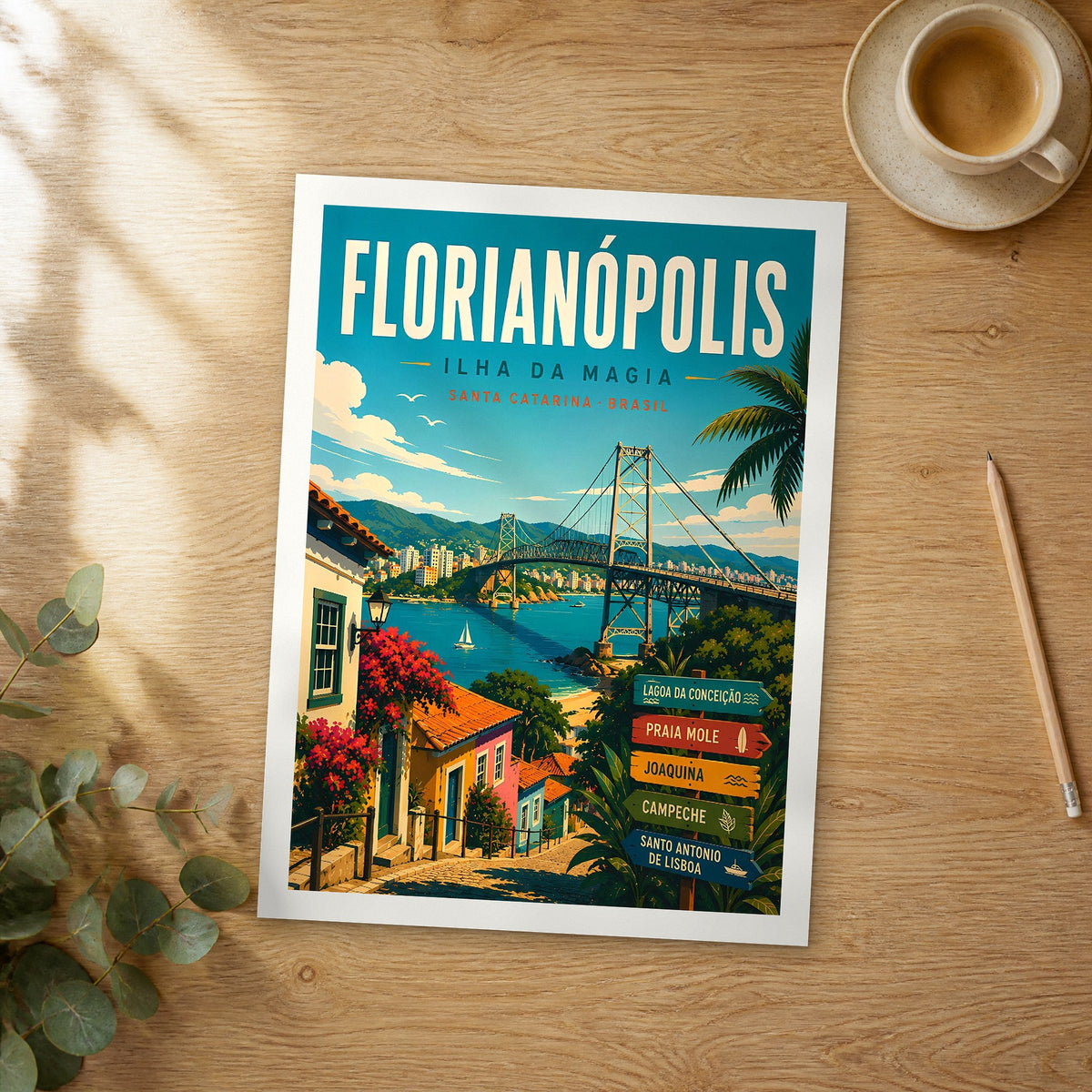 Unframed Florianópolis retro travel poster on a wooden table
