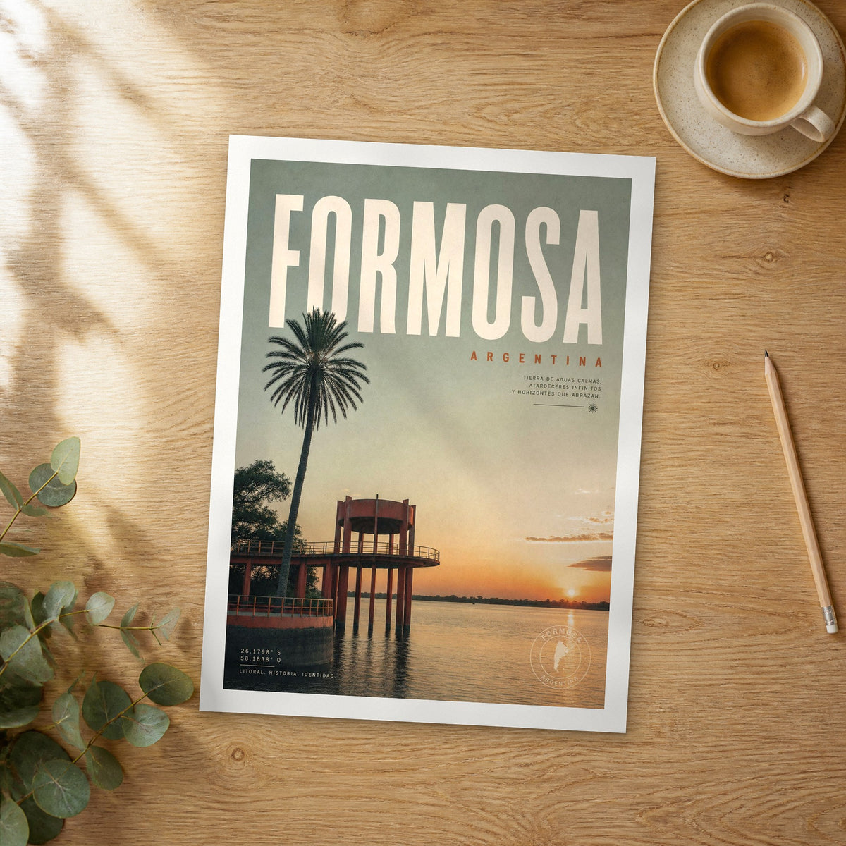 Unframed Formosa bold typography travel poster on a wooden table
