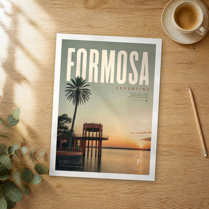 Unframed Formosa bold typography travel poster on a wooden table