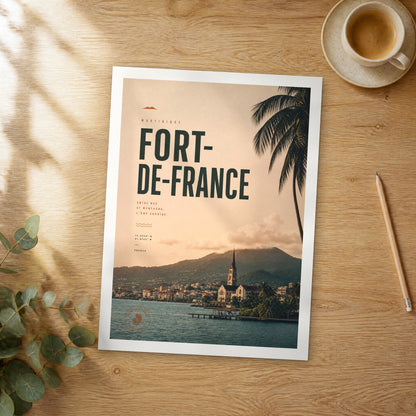 Unframed Fort-de-France bold typography travel poster on a wooden table