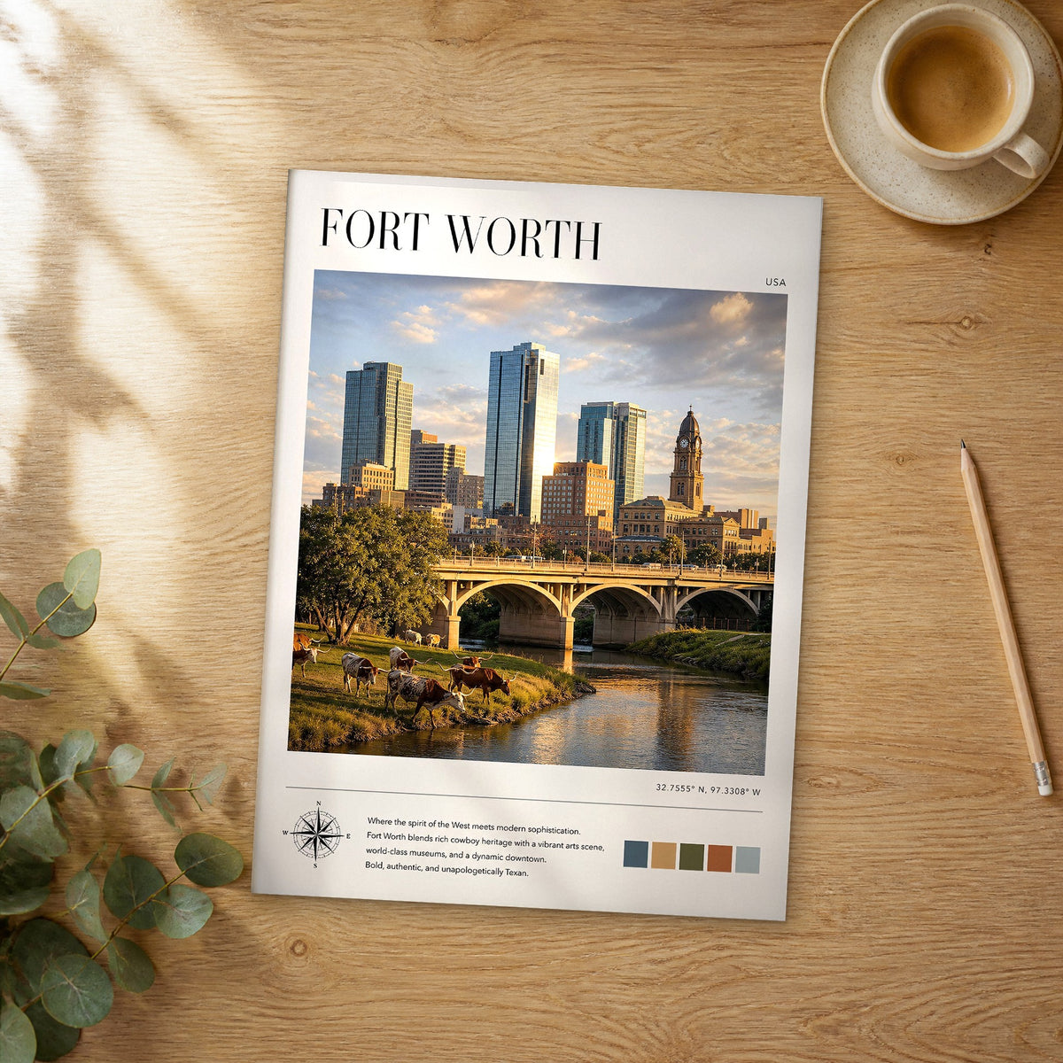 Unframed Fort Worth modern photography travel poster on a wooden table