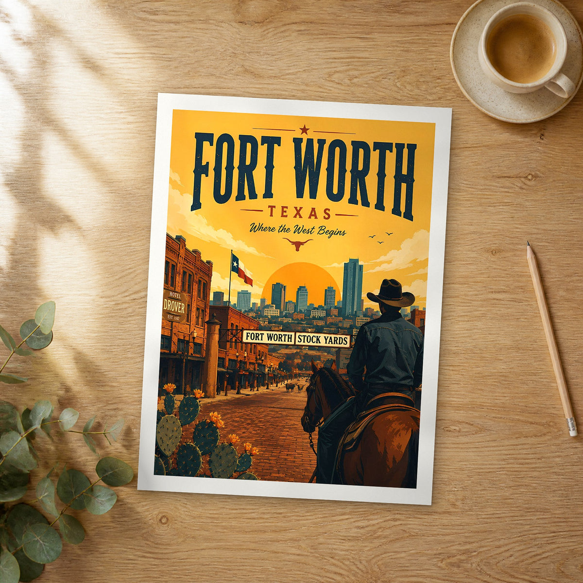 Unframed Fort Worth retro travel poster on a wooden table