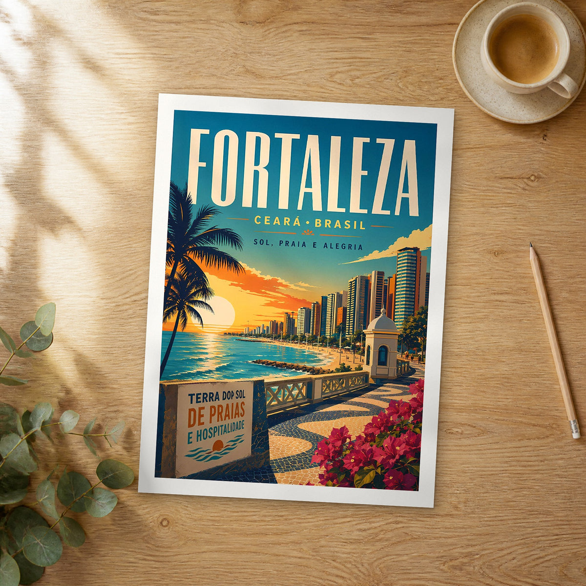 Unframed Fortaleza retro travel poster on a wooden table