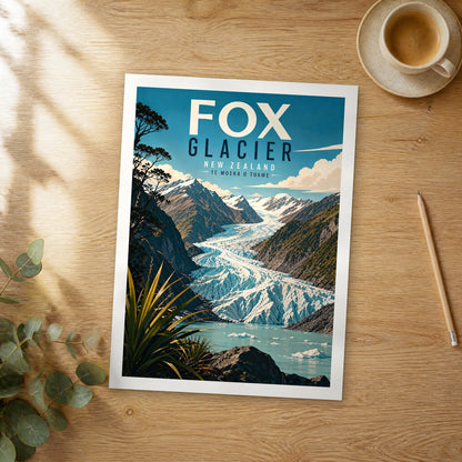 Unframed Fox Glacier retro travel poster on a wooden table