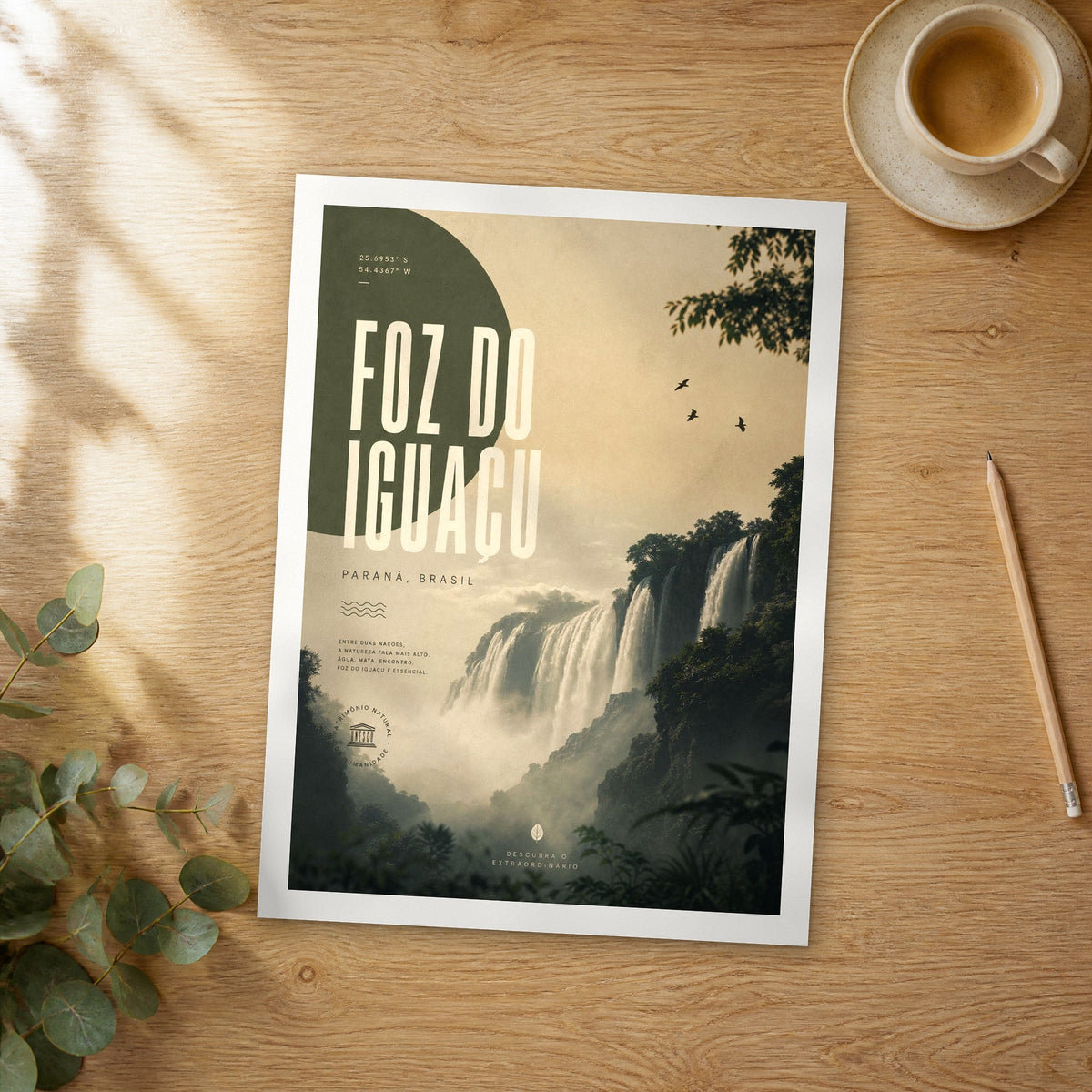 Unframed Foz do Iguaçu bold typography travel poster on a wooden table
