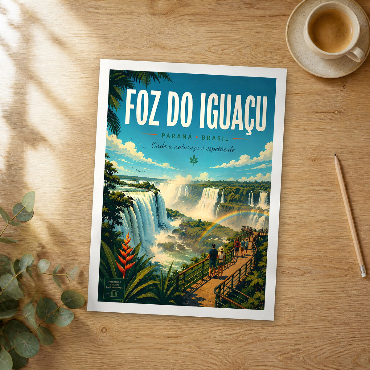 Unframed Foz do Iguaçu retro travel poster on a wooden table