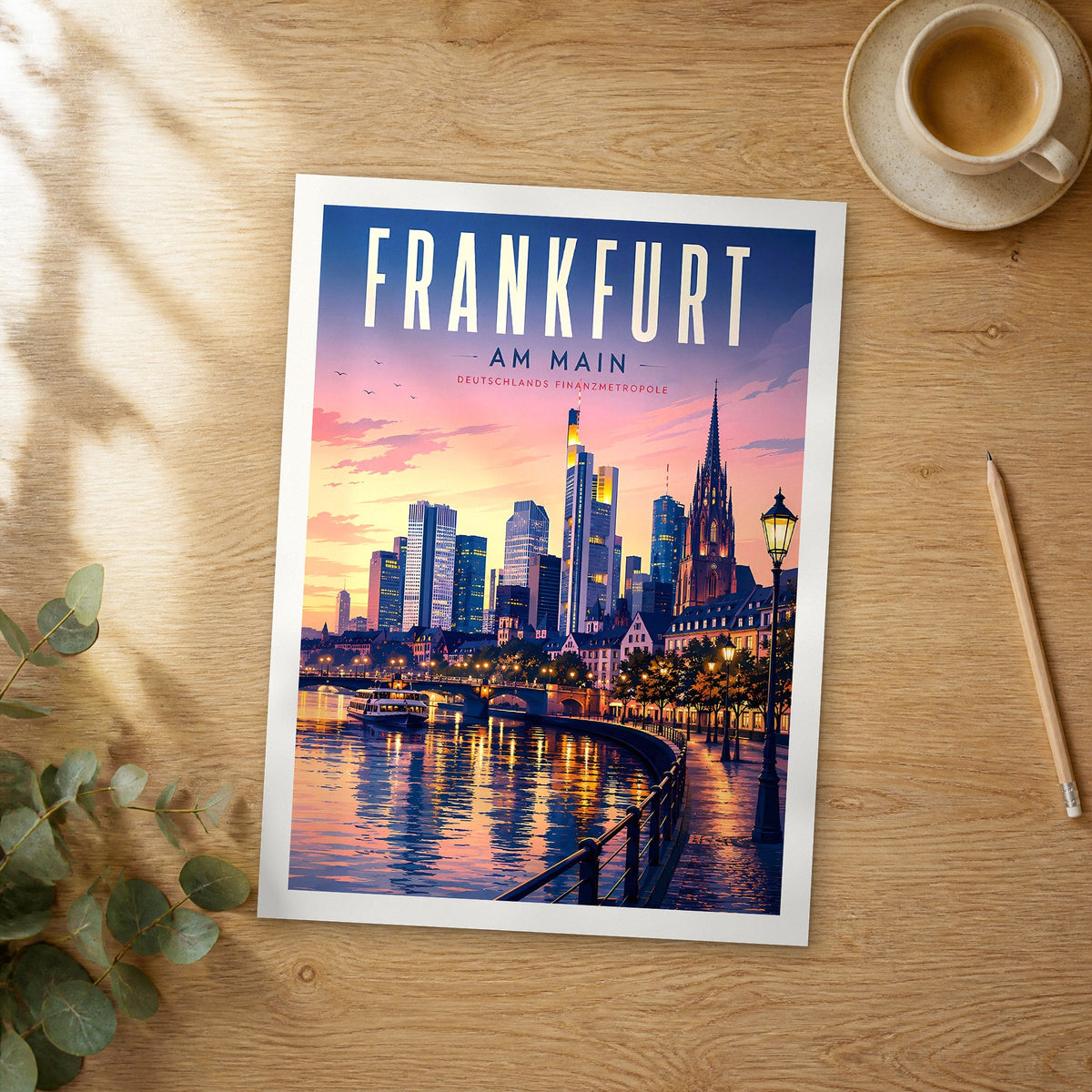 Unframed Frankfurt am Main retro travel poster on a wooden table