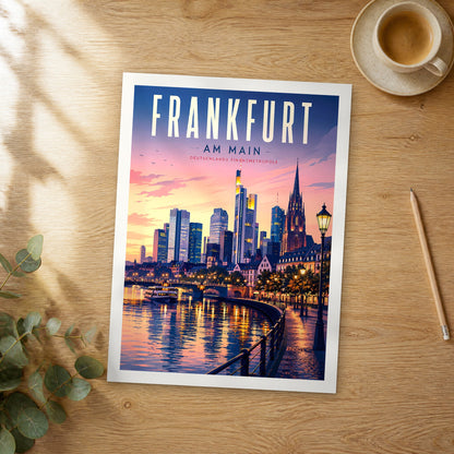 Unframed Frankfurt am Main retro travel poster on a wooden table