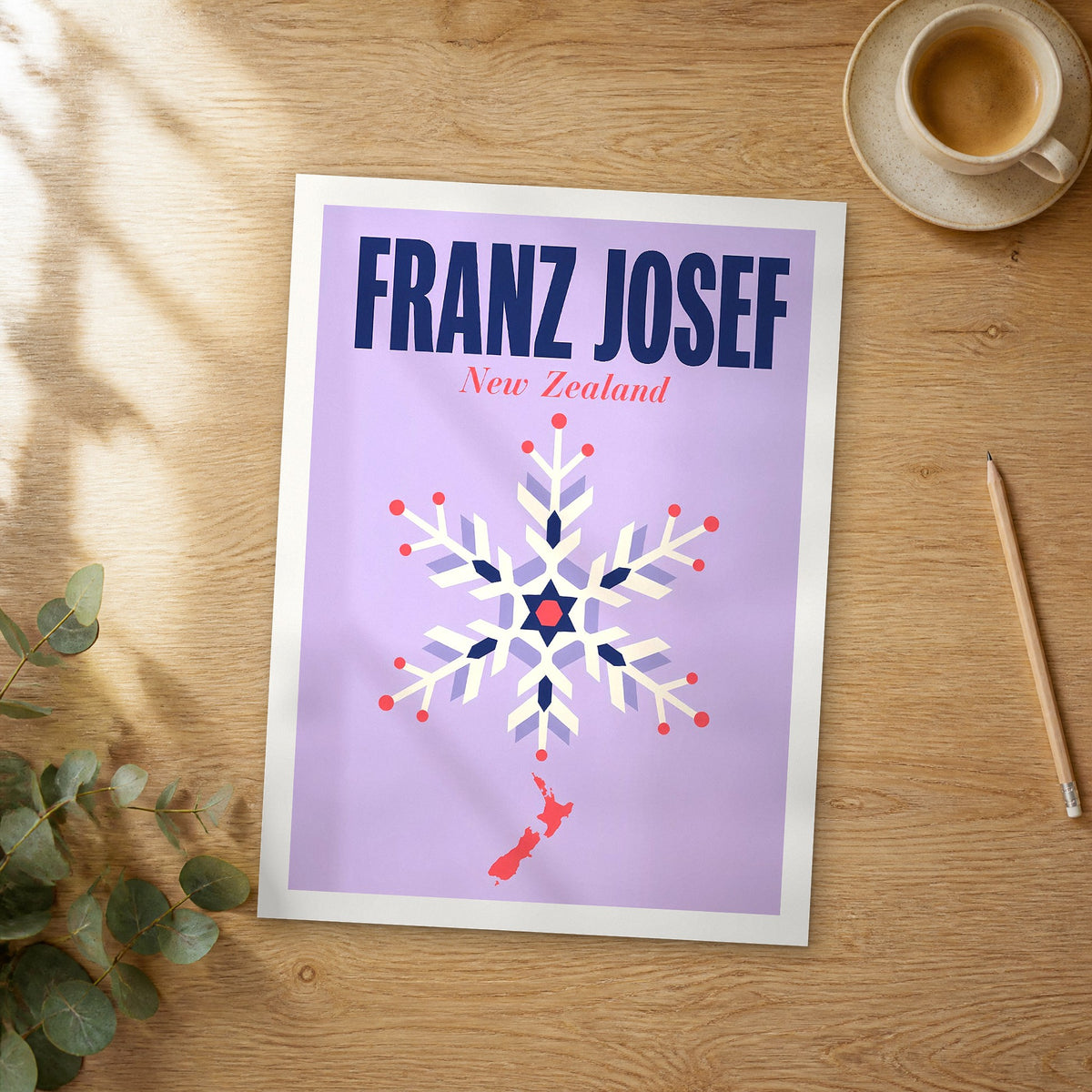 Unframed Franz Josef pop art travel poster on a wooden table