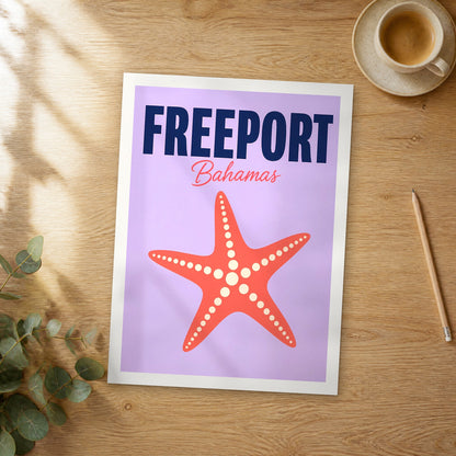 Unframed Freeport pop art travel poster on a wooden table