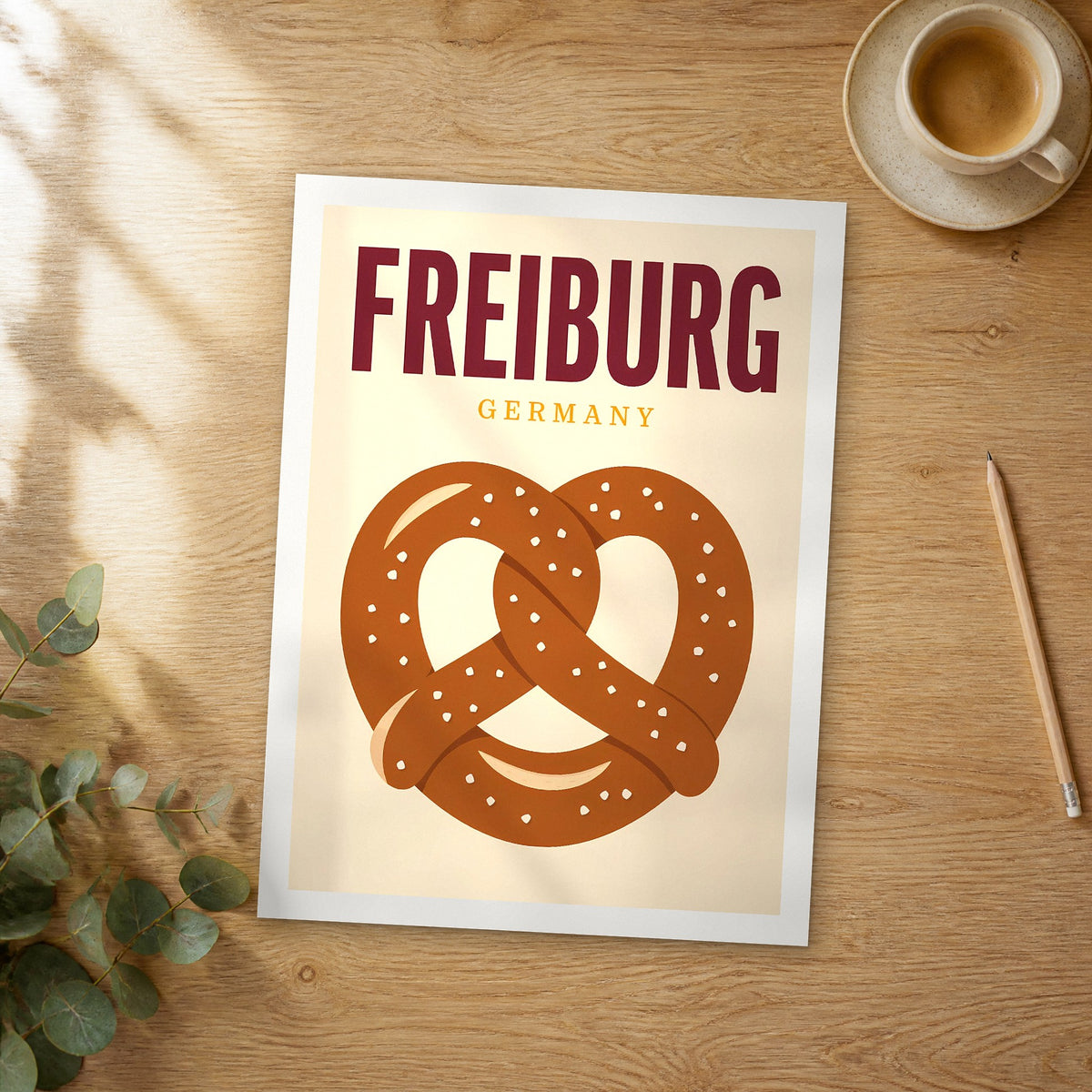 Unframed Freiburg pop art travel poster on a wooden table