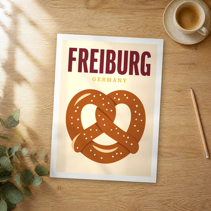 Unframed Freiburg pop art travel poster on a wooden table