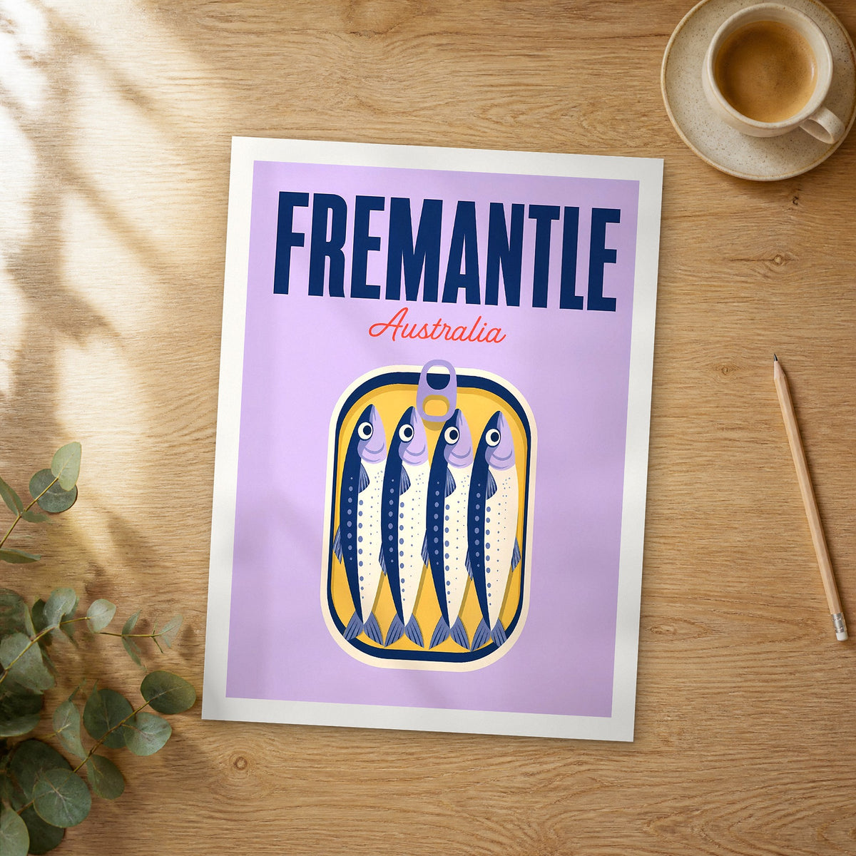 Unframed Fremantle pop art travel poster on a wooden table