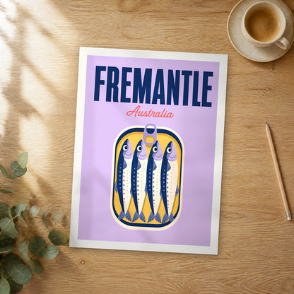 Unframed Fremantle pop art travel poster on a wooden table