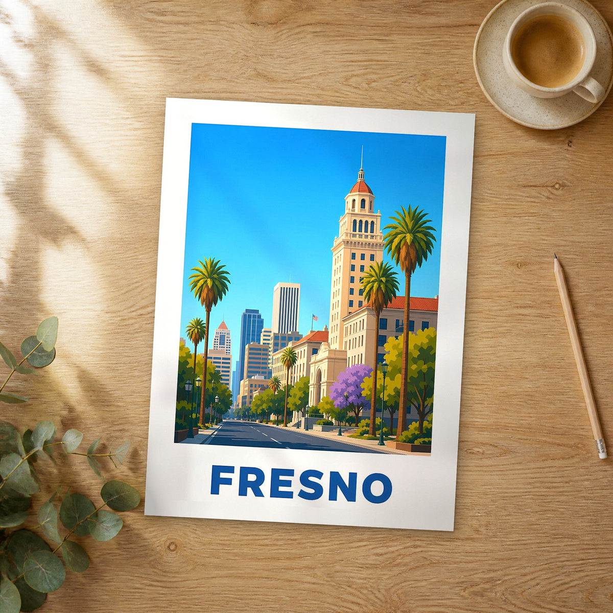 Unframed Fresno modern digital travel poster on a wooden table