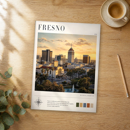 Unframed Fresno modern photography travel poster on a wooden table