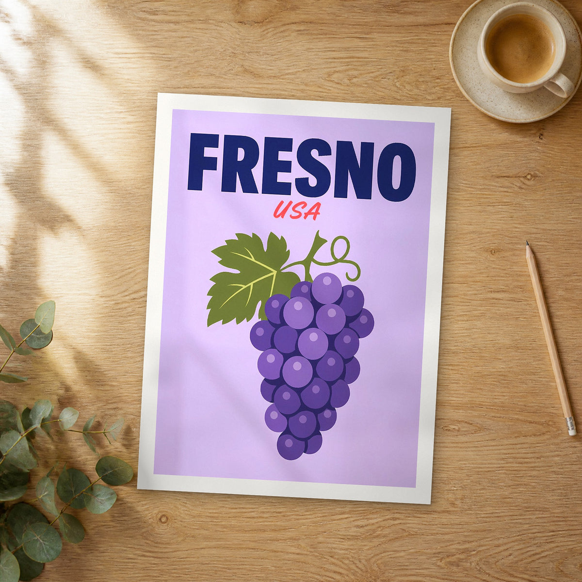 Unframed Fresno pop art travel poster on a wooden table