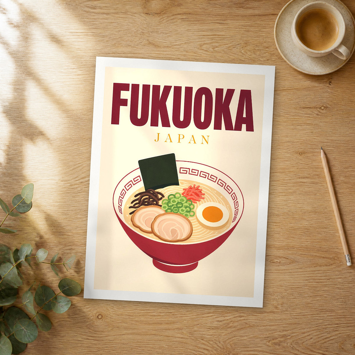 Unframed Fukuoka pop art travel poster on a wooden table