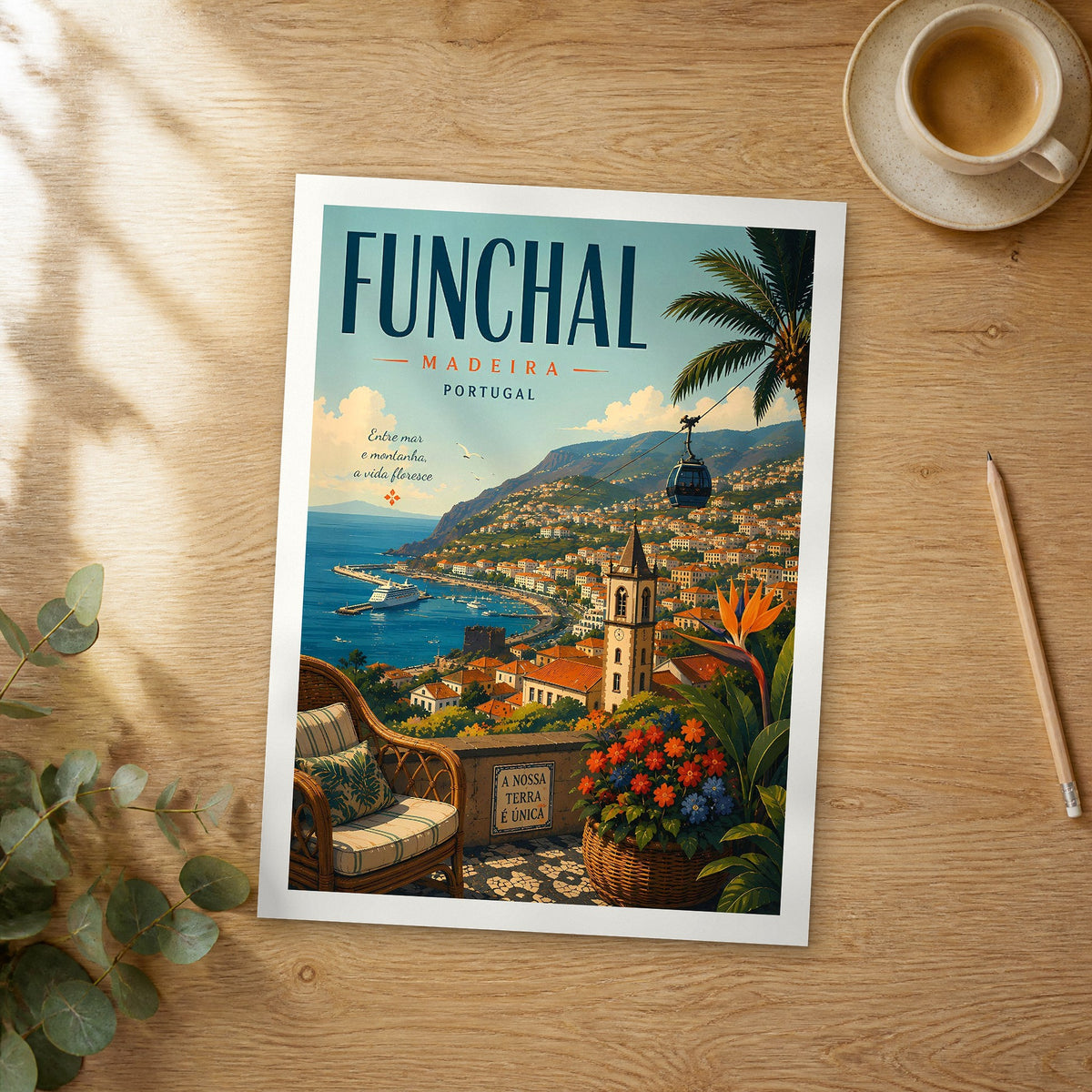 Unframed Funchal retro travel poster on a wooden table